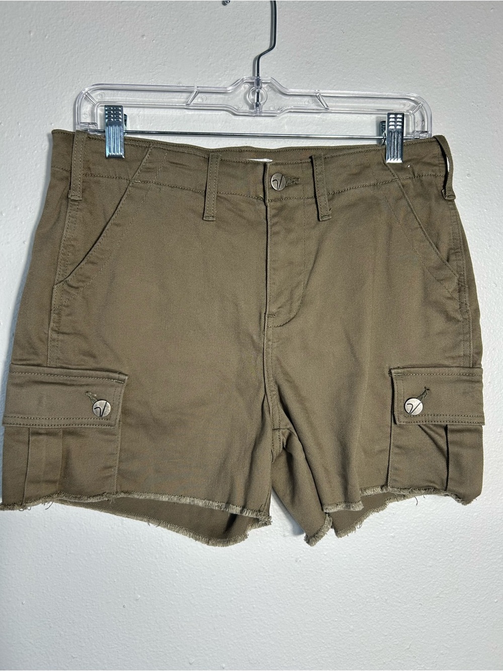 Vigoss Ace High Rise Cargo Shorts Womens Size 28 Olive Brown Raw Hem Stretch